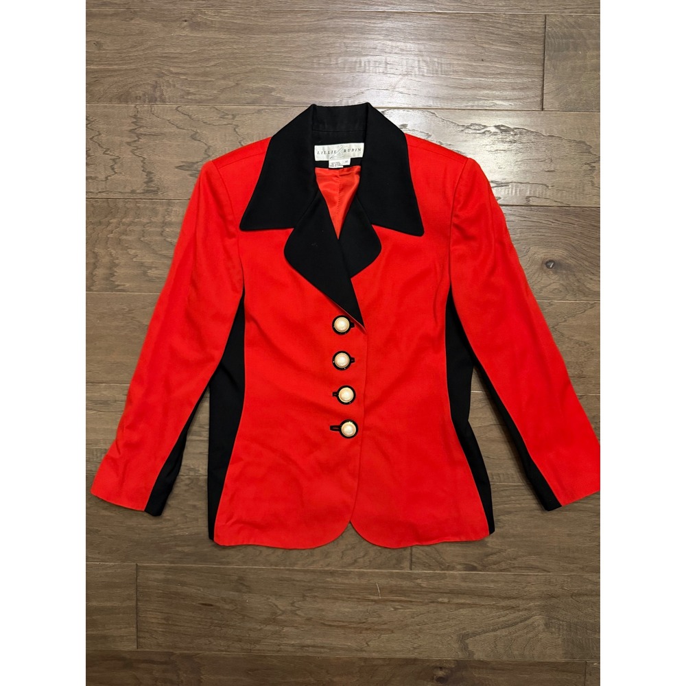 Vintage Lillie Rubin Blazer Women 14 Red Black Wool Colorblock Pearl Button Suit